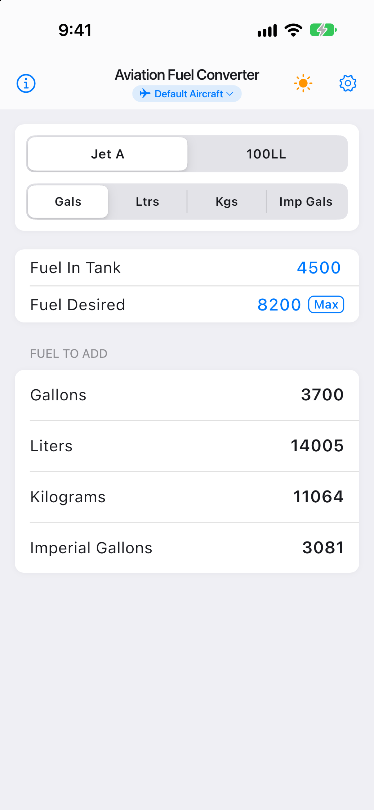 Aviation Fuel Converter Main Screen